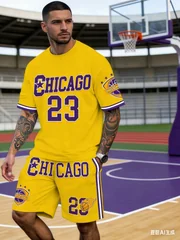 2-piece Set Basketball Sports Letter Design Pattern Print Breathable Summer Man Sports Short Sleeve Top Casual Loose Shorts Set