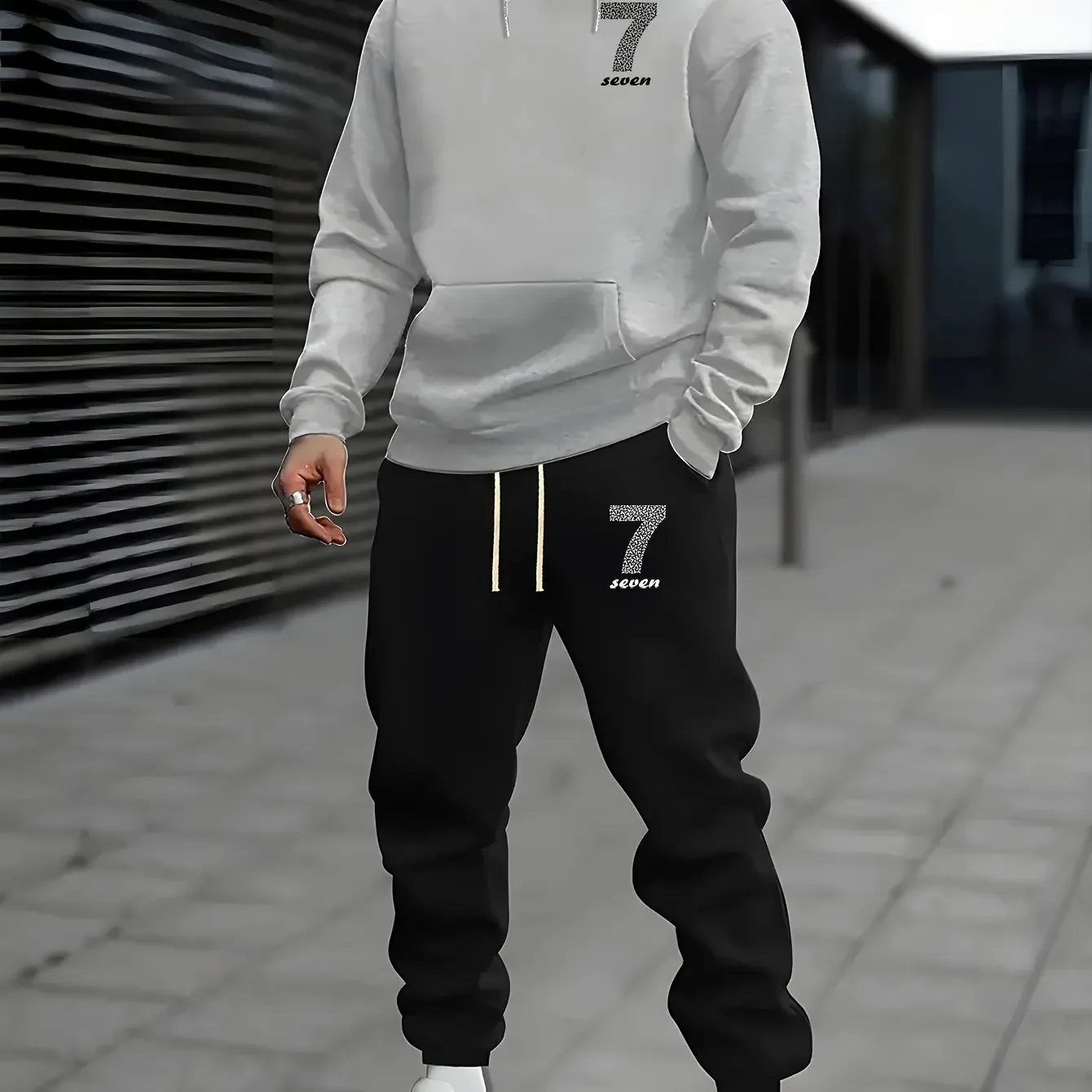 2026 Men Number 7 Seven Graphic 2 Piece Hoodie Jogger Pants Set Casual Autumn Winter Sports Tracksuit