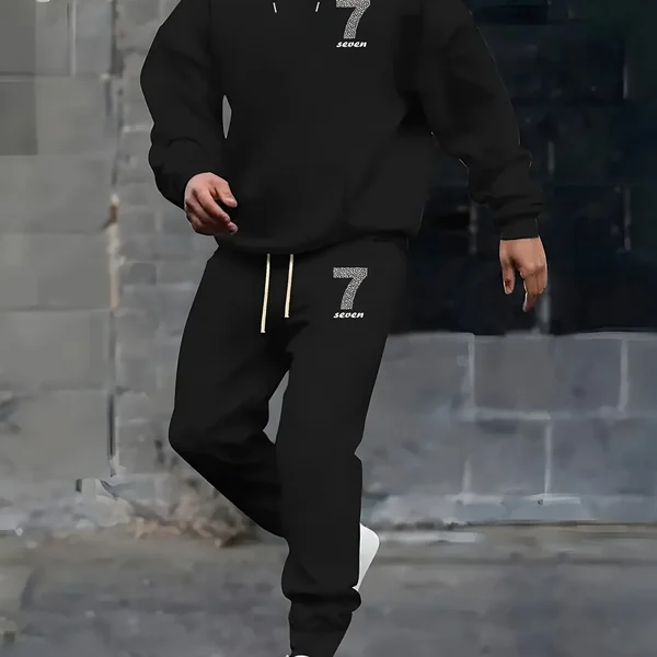 2026 Men Number 7 Seven Graphic 2 Piece Hoodie Jogger Pants Set Casual Autumn Winter Sports Tracksuit
