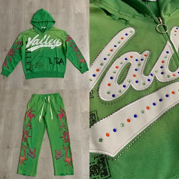 High Street Gradient Contrast Print Vale Men's 2‑Piece Set Distressed Zip Hoodie Elastic Waist Straight Sweatpants Suit