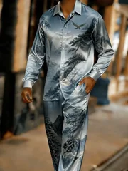 New champagne red gradient horizontal stripe long sleeved set, lazy and luxurious men's shirt and pants two-piece set