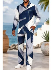New champagne red gradient horizontal stripe long sleeved set, lazy and luxurious men's shirt and pants two-piece set