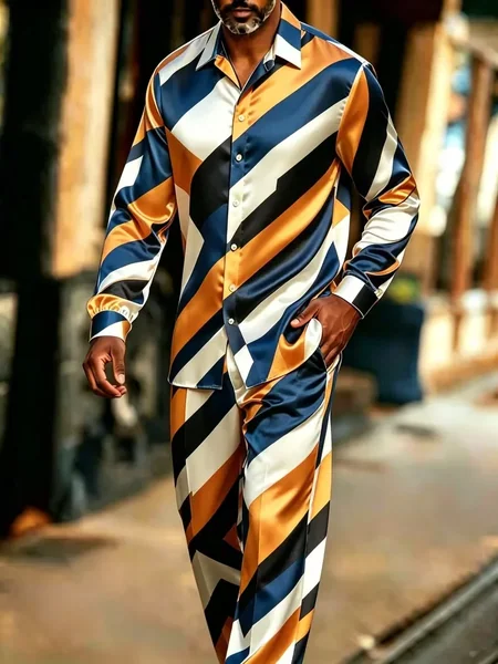 New champagne red gradient horizontal stripe long sleeved set, lazy and luxurious men's shirt and pants two-piece set