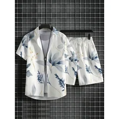 Men Summer Hawaii Shirt and Shorts Set Lightweight Breathable Polyester Beach Outfit Casual Vacation Swimwear Lounge Wear Quick