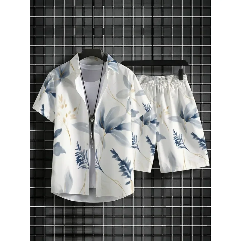 Men Summer Hawaii Shirt and Shorts Set Lightweight Breathable Polyester Beach Outfit Casual Vacation Swimwear Lounge Wear Quick