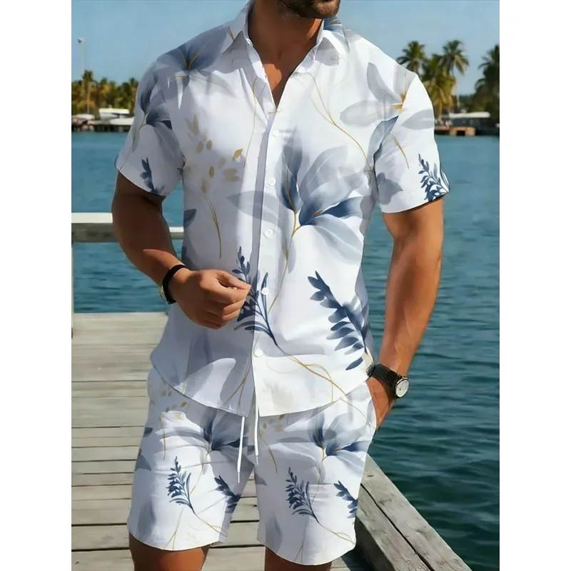 Men Summer Hawaii Shirt and Shorts Set Lightweight Breathable Polyester Beach Outfit Casual Vacation Swimwear Lounge Wear Quick