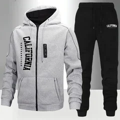 Mens Tracksuits+Sweatpants Two Pieces Suits Winter Print Zipper Hooded Sweatshirt Casual Fitness Jogging Sports 2026 Pants Sets
