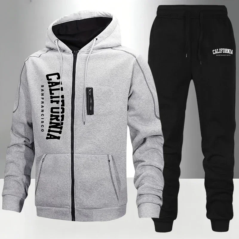 Mens Tracksuits+Sweatpants Two Pieces Suits Winter Print Zipper Hooded Sweatshirt Casual Fitness Jogging Sports 2026 Pants Sets