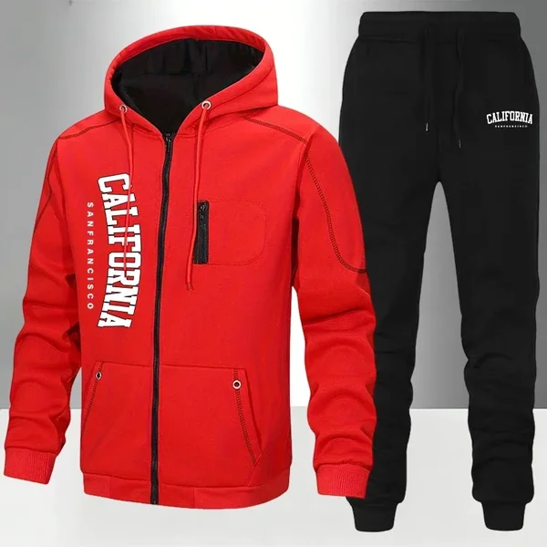 Mens Tracksuits+Sweatpants Two Pieces Suits Winter Print Zipper Hooded Sweatshirt Casual Fitness Jogging Sports 2026 Pants Sets