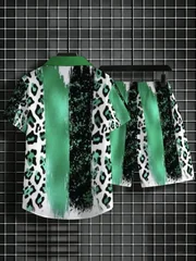 Men Green Leopard Print Two Piece Outfit Short Sleeve Shirt Elastic Waist Shorts Summer Beach Suit
