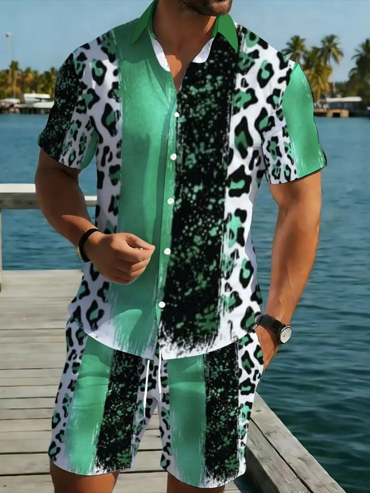Men Green Leopard Print Two Piece Outfit Short Sleeve Shirt Elastic Waist Shorts Summer Beach Suit