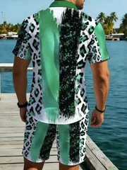 Men Green Leopard Print Two Piece Outfit Short Sleeve Shirt Elastic Waist Shorts Summer Beach Suit