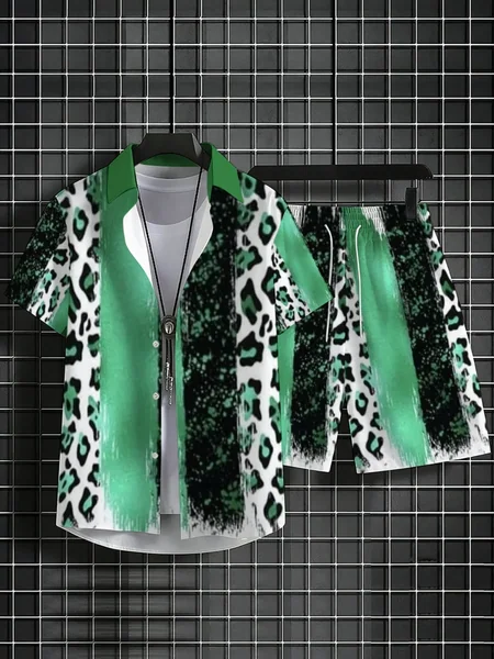 Men Green Leopard Print Two Piece Outfit Short Sleeve Shirt Elastic Waist Shorts Summer Beach Suit