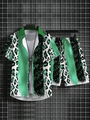 Men Green Leopard Print Two Piece Outfit Short Sleeve Shirt Elastic Waist Shorts Summer Beach Suit