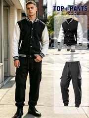 Men Casual Outfit 2 Piece Tracksuit Color Block Varsity Jacket Drawstring Cargo Jogger Pants Streetwear Suit