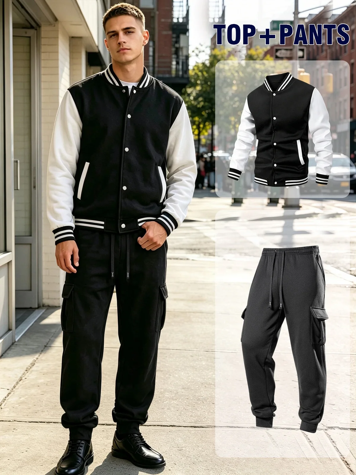 Men Casual Outfit 2 Piece Tracksuit Color Block Varsity Jacket Drawstring Cargo Jogger Pants Streetwear Suit