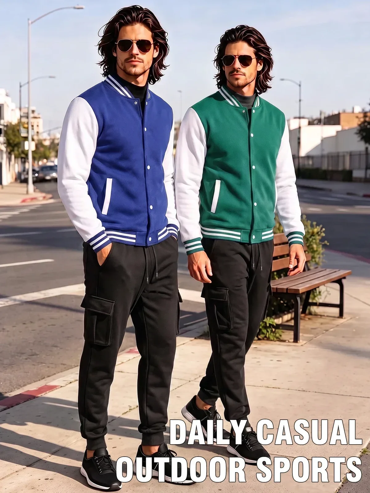 Men Casual Outfit 2 Piece Tracksuit Color Block Varsity Jacket Drawstring Cargo Jogger Pants Streetwear Suit