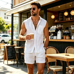 Men Linen Two Piece Set Sleeveless Lapel Shirt Elastic Drawstring Shorts Regular Fit Summer Beach Travel Daily Vacation Casual