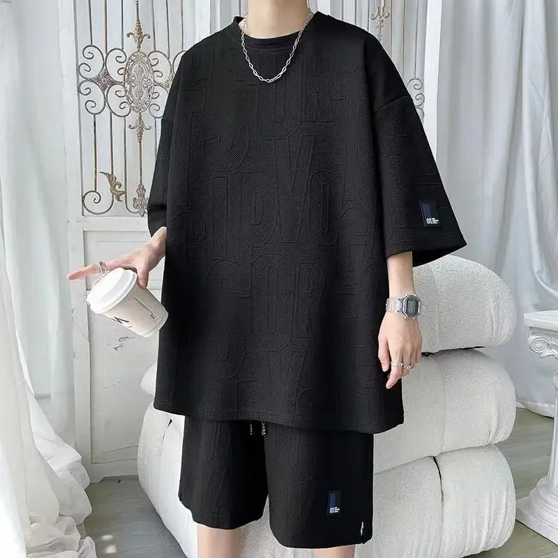 2026 Men's New 3D Waffle Shorts Sets Summer Suit Casual T-shirt + Shorts Suit Men's Tracksuit Solid Color Tracksuits Loose Suits