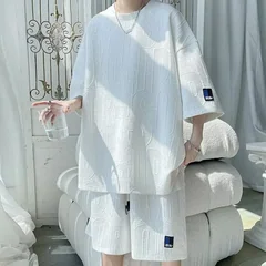 2026 Men's New 3D Waffle Shorts Sets Summer Suit Casual T-shirt + Shorts Suit Men's Tracksuit Solid Color Tracksuits Loose Suits