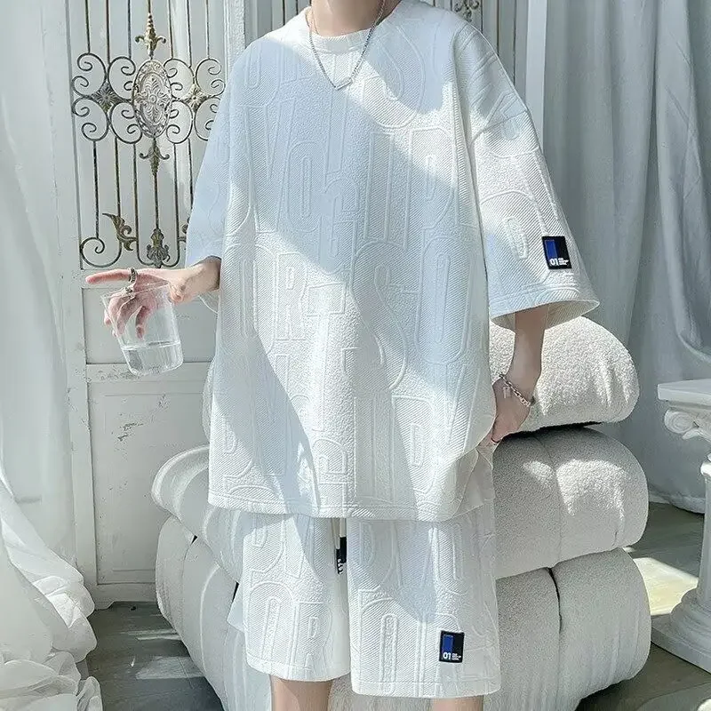 2026 Men's New 3D Waffle Shorts Sets Summer Suit Casual T-shirt + Shorts Suit Men's Tracksuit Solid Color Tracksuits Loose Suits