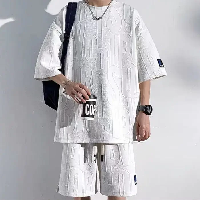2026 Men's New 3D Waffle Shorts Sets Summer Suit Casual T-shirt + Shorts Suit Men's Tracksuit Solid Color Tracksuits Loose Suits