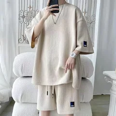 2026 Men's New 3D Waffle Shorts Sets Summer Suit Casual T-shirt + Shorts Suit Men's Tracksuit Solid Color Tracksuits Loose Suits