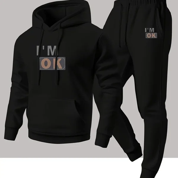 New autumn hoodie hooded set for men and women, I'm ok printed with drawstring and pocket for daily warmth and comfort as a gift