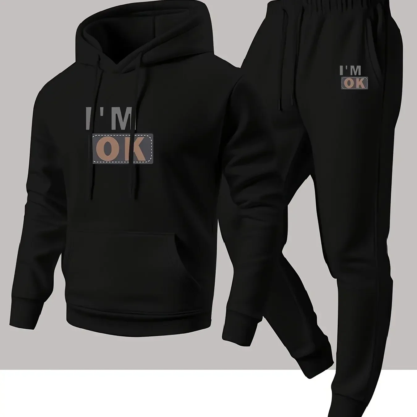 New autumn hoodie hooded set for men and women, I'm ok printed with drawstring and pocket for daily warmth and comfort as a gift