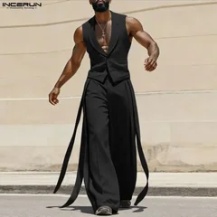 INCERUN Men Sets Solid Color V Neck Sleeveless Vests & Pants With Belt Two Pieces Sets Streetwear Elegant 2026 Fashion Men Suits