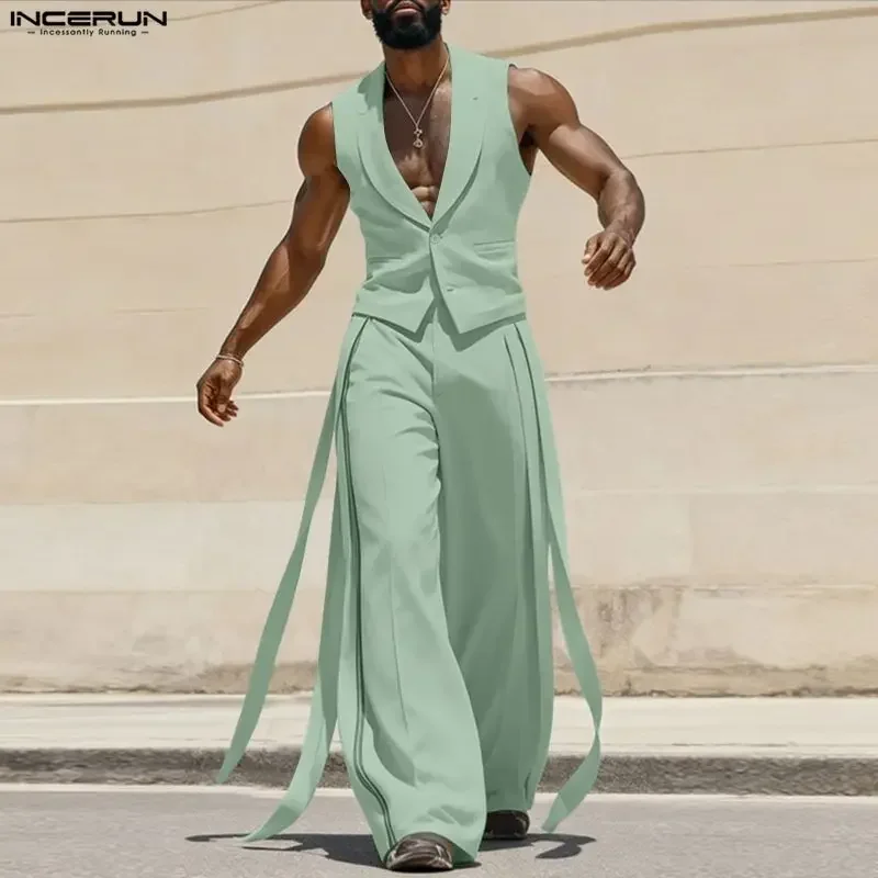 INCERUN Men Sets Solid Color V Neck Sleeveless Vests & Pants With Belt Two Pieces Sets Streetwear Elegant 2026 Fashion Men Suits