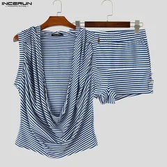 INCERUN Men Striped Sets Summer Hooded Sleeveless Tank Tops Shorts Two Piece Sets Streetwear 2026 Loose Casual Men Matching Sets