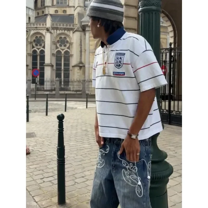 Retro Y2K 2 Pcs Set Street Style Suit Striped Collar Polo Jersey Top Embroidered Bootcut Denim Pants Unisex Casual Streetwear