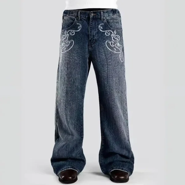 Retro Y2K 2 Pcs Set Street Style Suit Striped Collar Polo Jersey Top Embroidered Bootcut Denim Pants Unisex Casual Streetwear