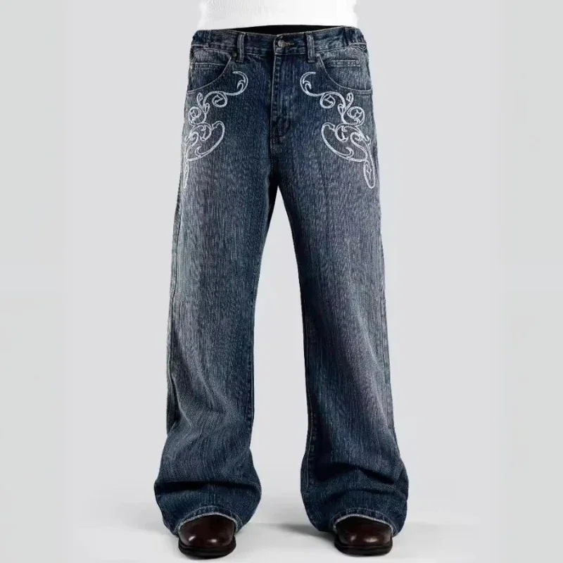 Retro Y2K 2 Pcs Set Street Style Suit Striped Collar Polo Jersey Top Embroidered Bootcut Denim Pants Unisex Casual Streetwear