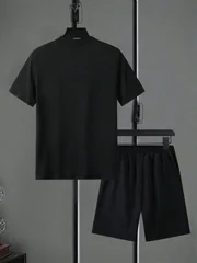 New Autumn Winter Men Business Casual Tshirt Shorts Set Fitness Running Outdoor Sports Black T-Shirt Set Oversized Two-Piece Set