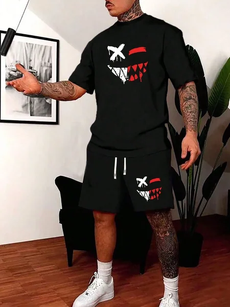 New Autumn Winter Men Business Casual Tshirt Shorts Set Fitness Running Outdoor Sports Black T-Shirt Set Oversized Two-Piece Set