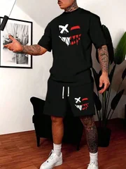 New Autumn Winter Men Business Casual Tshirt Shorts Set Fitness Running Outdoor Sports Black T-Shirt Set Oversized Two-Piece Set