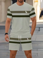 Men's Summer Sets Funny 3D Stripe Print Short Sleeve T-Shirt +Shorts 2 Piece Fashion Loose Men Outfit Casual Simple Sports Suit