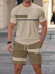 Men's Summer Sets Funny 3D Stripe Print Short Sleeve T-Shirt +Shorts 2 Piece Fashion Loose Men Outfit Casual Simple Sports Suit