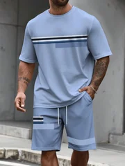 Men's Summer Sets Funny 3D Stripe Print Short Sleeve T-Shirt +Shorts 2 Piece Fashion Loose Men Outfit Casual Simple Sports Suit
