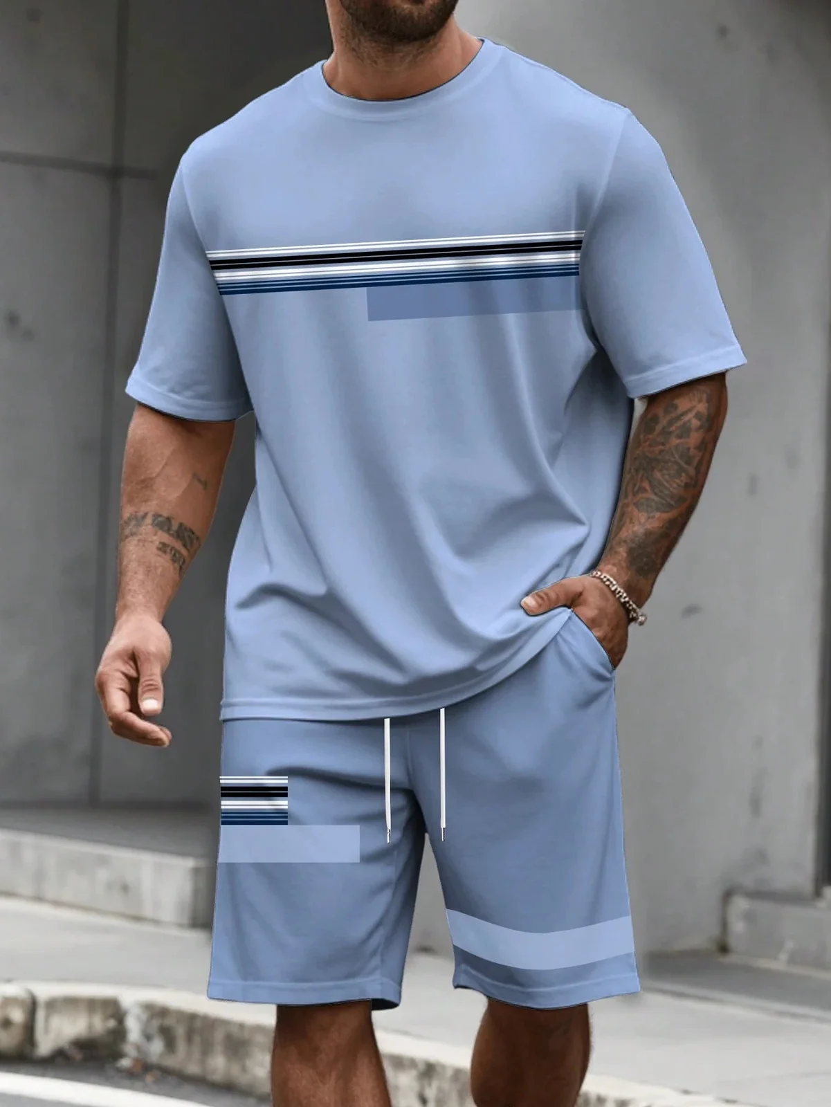 Men's Summer Sets Funny 3D Stripe Print Short Sleeve T-Shirt +Shorts 2 Piece Fashion Loose Men Outfit Casual Simple Sports Suit