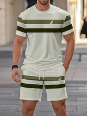 Men's Summer Sets Funny 3D Stripe Print Short Sleeve T-Shirt +Shorts 2 Piece Fashion Loose Men Outfit Casual Simple Sports Suit
