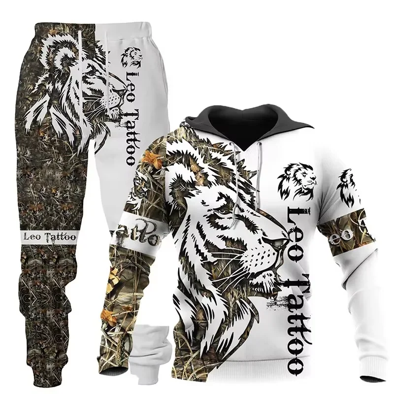 New Retro Lion Print Sports Set Men's Hoodie And Sweatpants 2-Piece Set Fashionable Sportswear Spring/Fall Hoodie 5XL