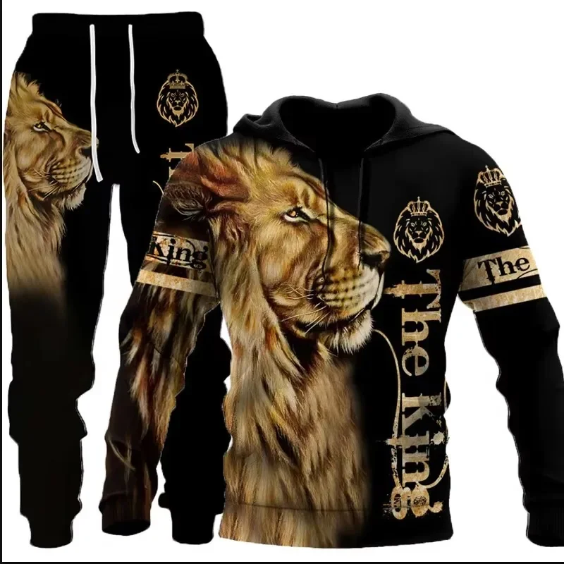 New Retro Lion Print Sports Set Men's Hoodie And Sweatpants 2-Piece Set Fashionable Sportswear Spring/Fall Hoodie 5XL