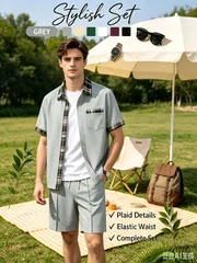 Men'sWaffle 3-in-1 Outfit Set Plaid Trim Lapel Short Sleeve Shirt+Drawstring Long Pants & Shorts Summer Casual Two-Way Wear Suit