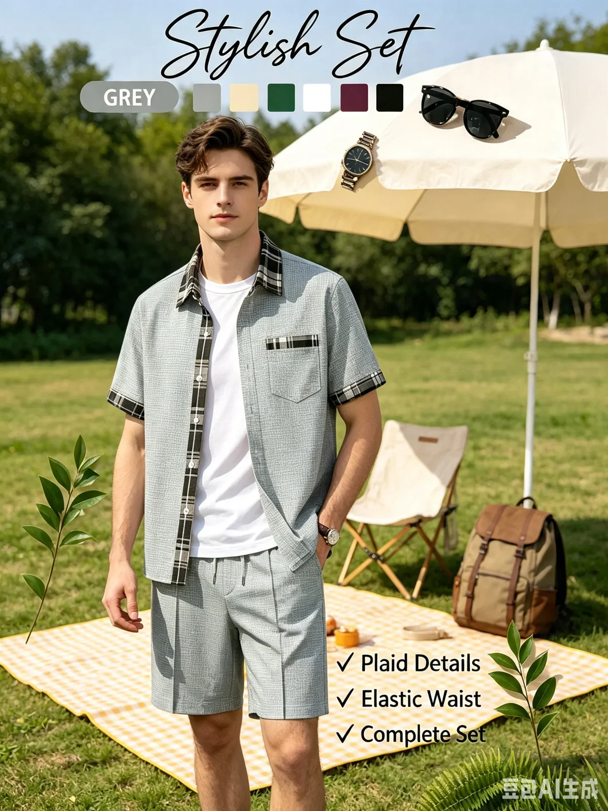 Men'sWaffle 3-in-1 Outfit Set Plaid Trim Lapel Short Sleeve Shirt+Drawstring Long Pants & Shorts Summer Casual Two-Way Wear Suit