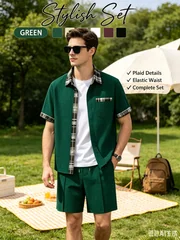 Men'sWaffle 3-in-1 Outfit Set Plaid Trim Lapel Short Sleeve Shirt+Drawstring Long Pants & Shorts Summer Casual Two-Way Wear Suit