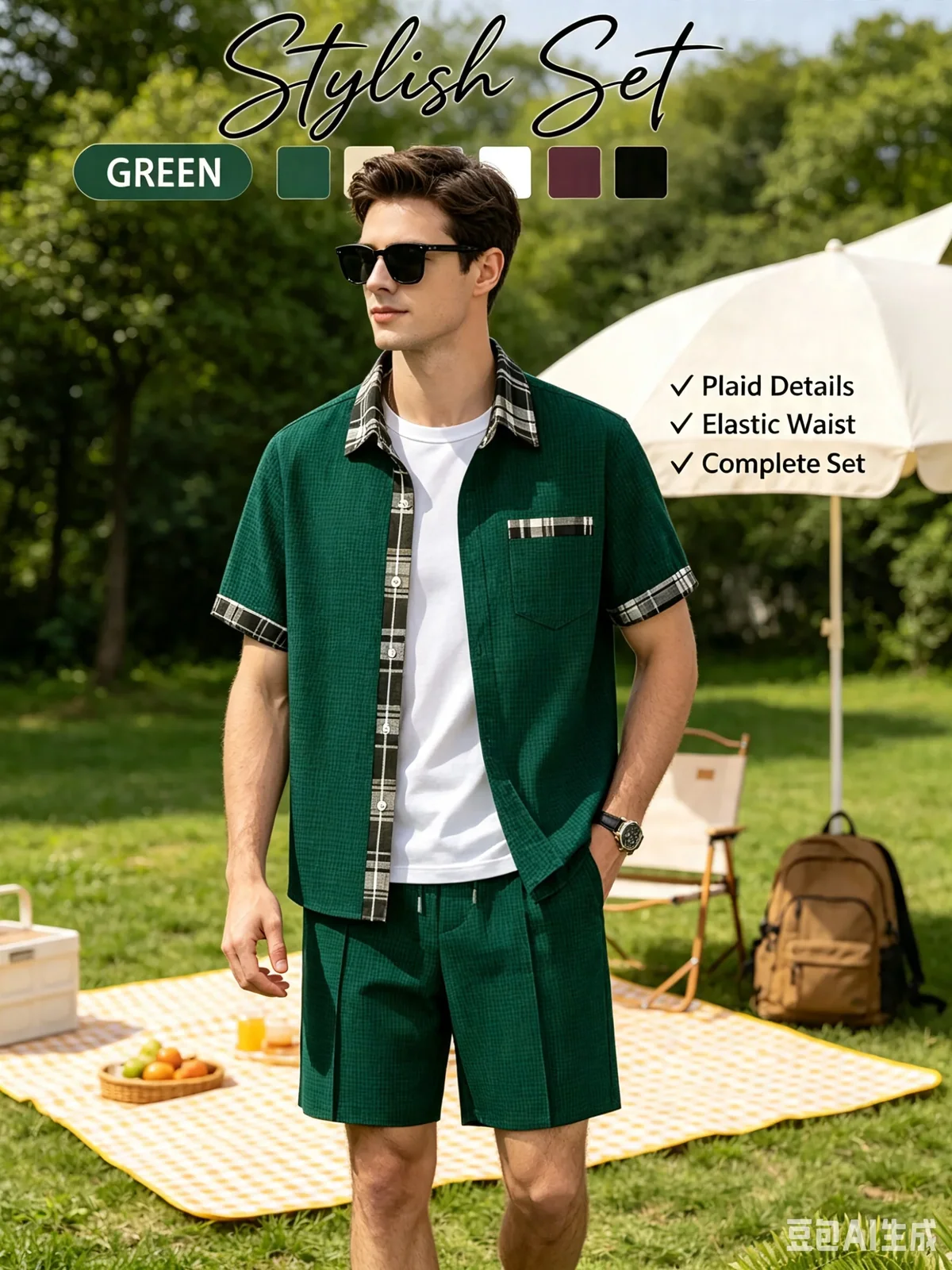 Men'sWaffle 3-in-1 Outfit Set Plaid Trim Lapel Short Sleeve Shirt+Drawstring Long Pants & Shorts Summer Casual Two-Way Wear Suit