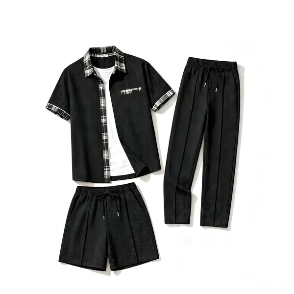 Men'sWaffle 3-in-1 Outfit Set Plaid Trim Lapel Short Sleeve Shirt+Drawstring Long Pants & Shorts Summer Casual Two-Way Wear Suit